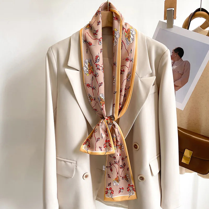 Printed Long Narrow Scarf with Decorative Ribbon Shape