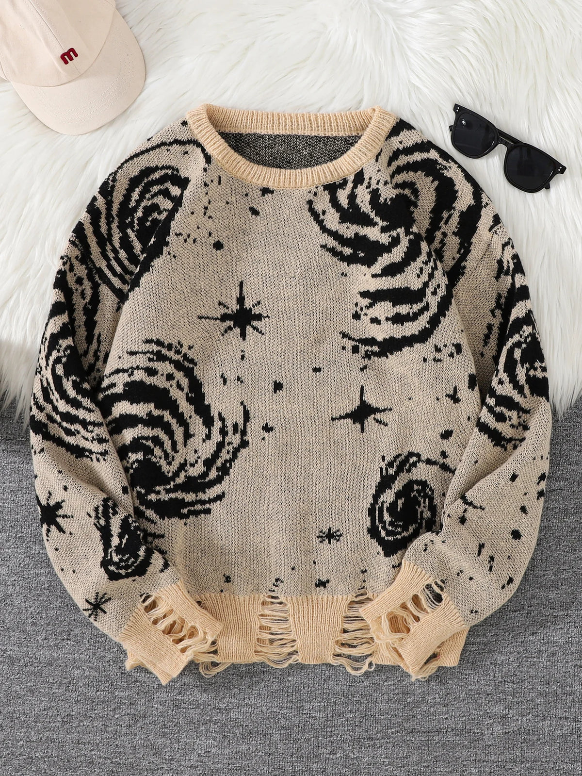 Men's Distressed Graphic Crew Neck Knit Sweater
