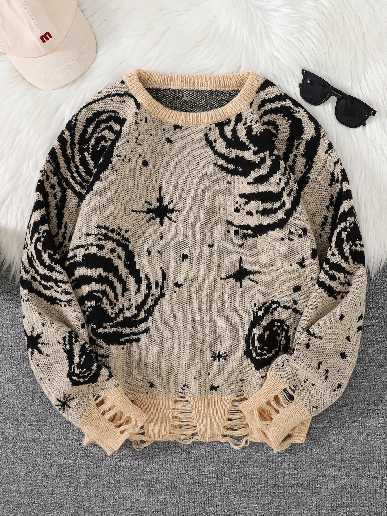 Men's Distressed Graphic Crew Neck Knit Sweater
