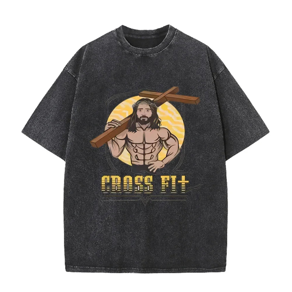 Oversized Washed Cotton Graphic T-Shirt with Short Sleeves
