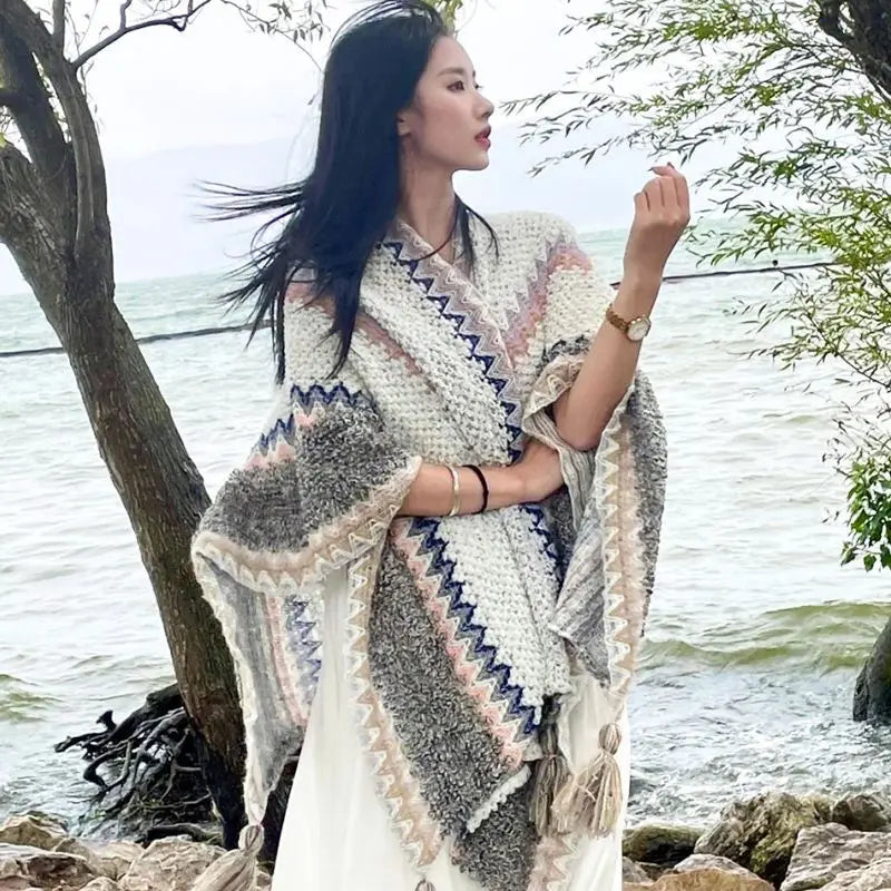 Zigzag Knit Fringe Poncho for Layering over Outfits