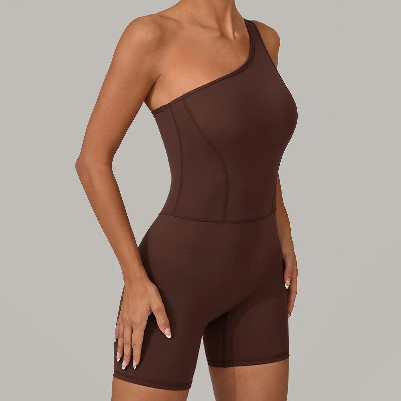 Women's One Shoulder Nylon Blend Workout Romper with Fitted Short Legs