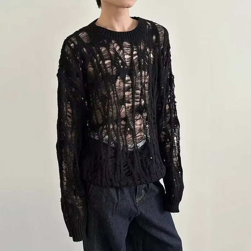 Men's Distressed Openwork Crew Neck Sweater