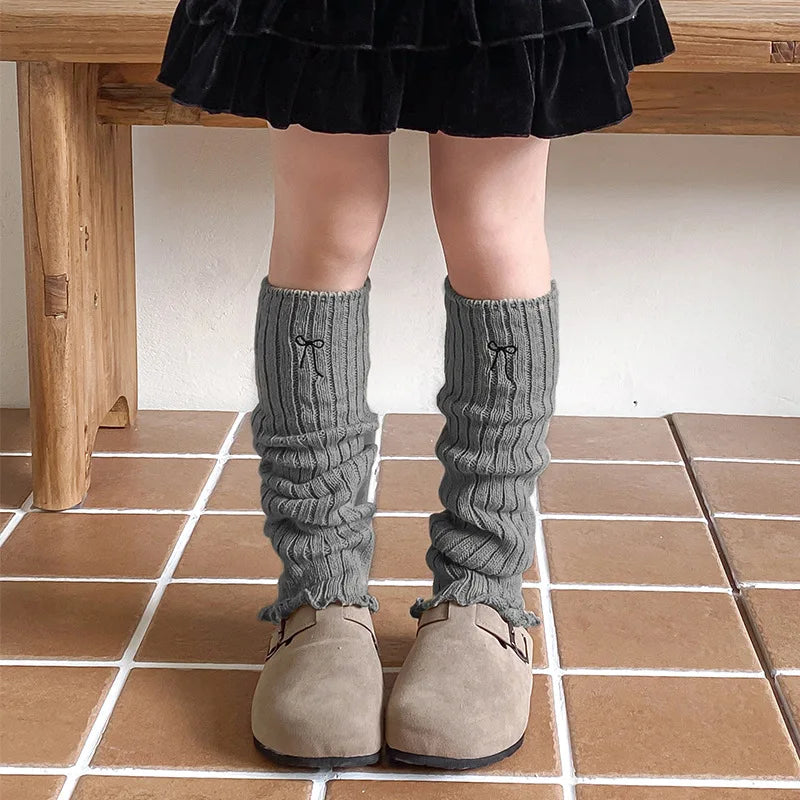 Children's Ribbed Leg Warmers with Decorative Embroidered Bow Detail