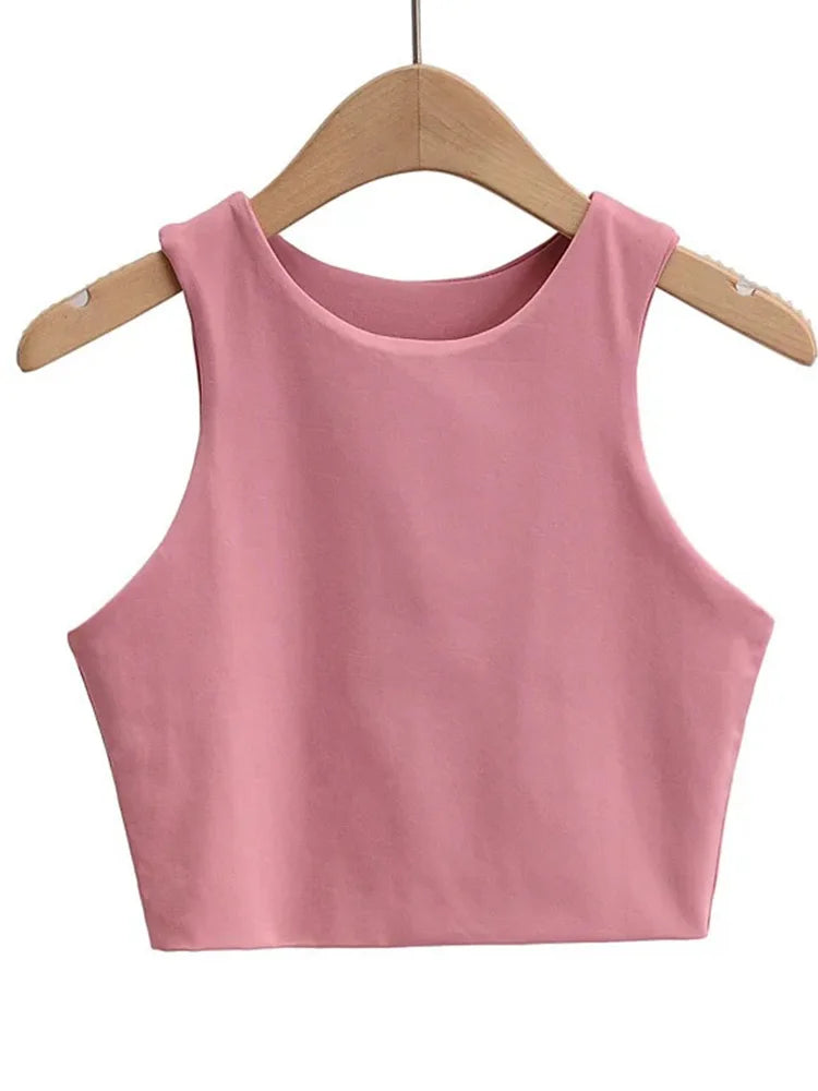 Women's Solid Round-Neck Sleeveless Stretch Crop Tank Top