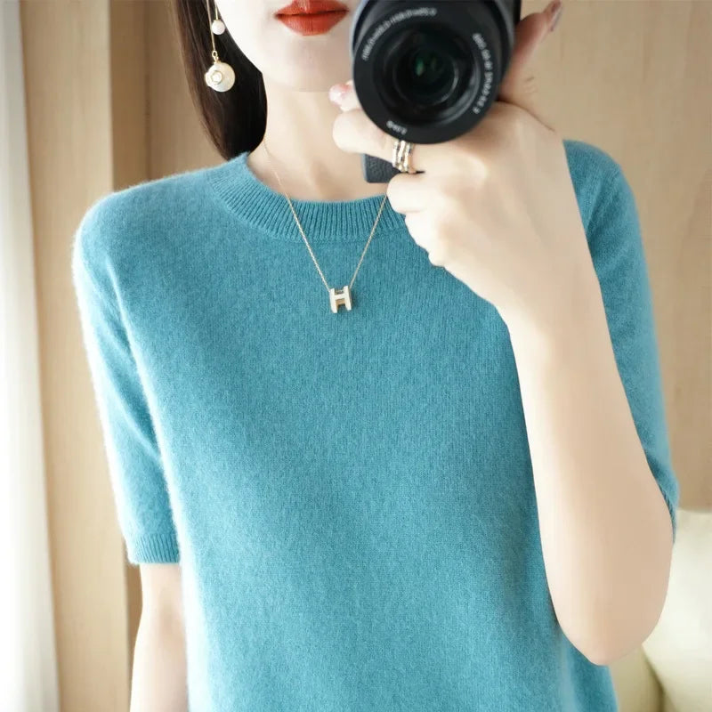 Women's Crew Neck Short Sleeve Sweater Casual Knit Layer