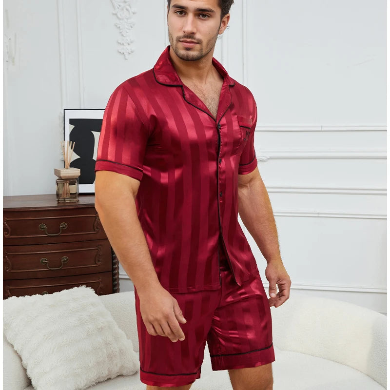 Men's Satin Look Lapel Short Sleeve Shirt and Shorts Pajama Set