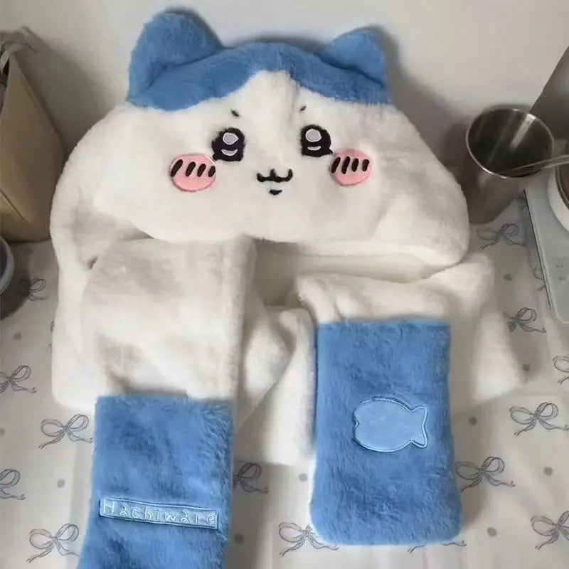 Chiikawa Plush Integrated Hat Scarf and Gloves Set for Winter Wear