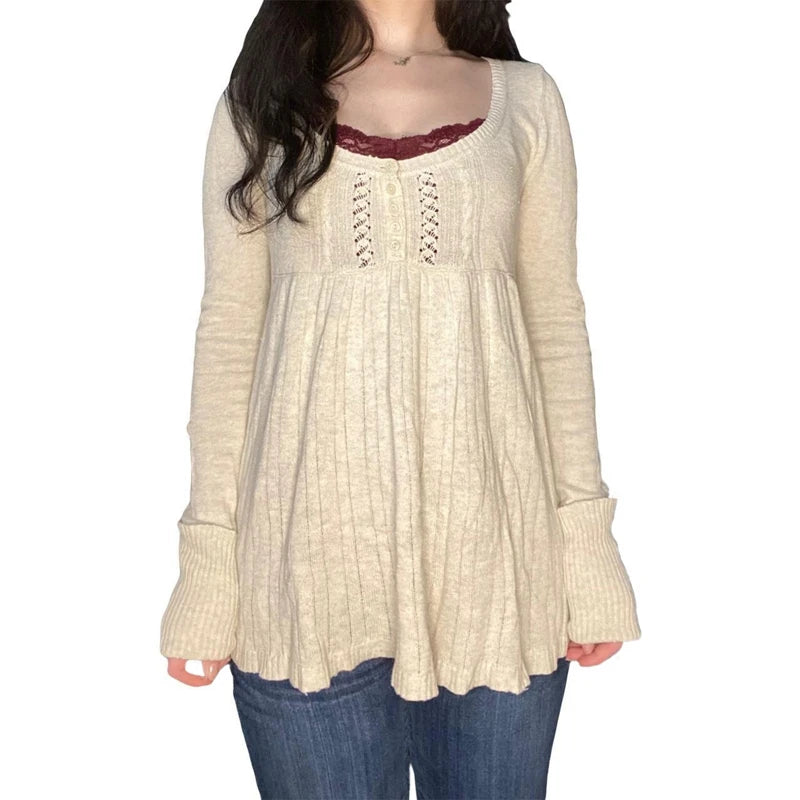 Women's Square Neck Lace Knit Sweater Casual Knit Layer