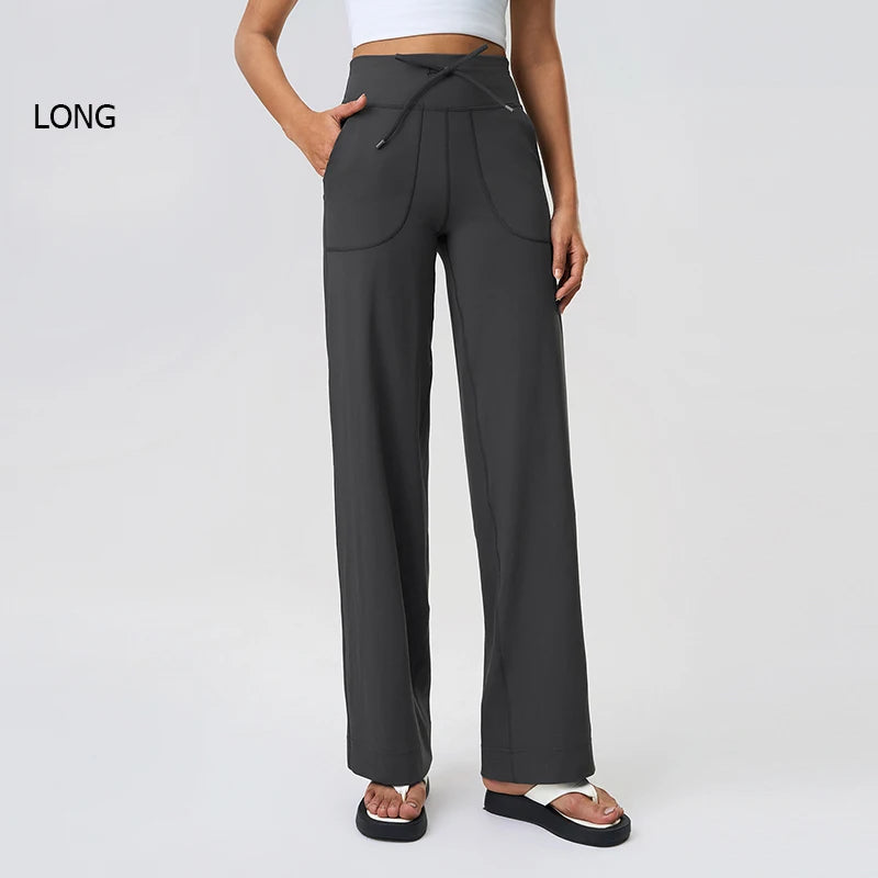 Women's Drawstring Waist Nylon Blend Wide Leg Pants with Length Options