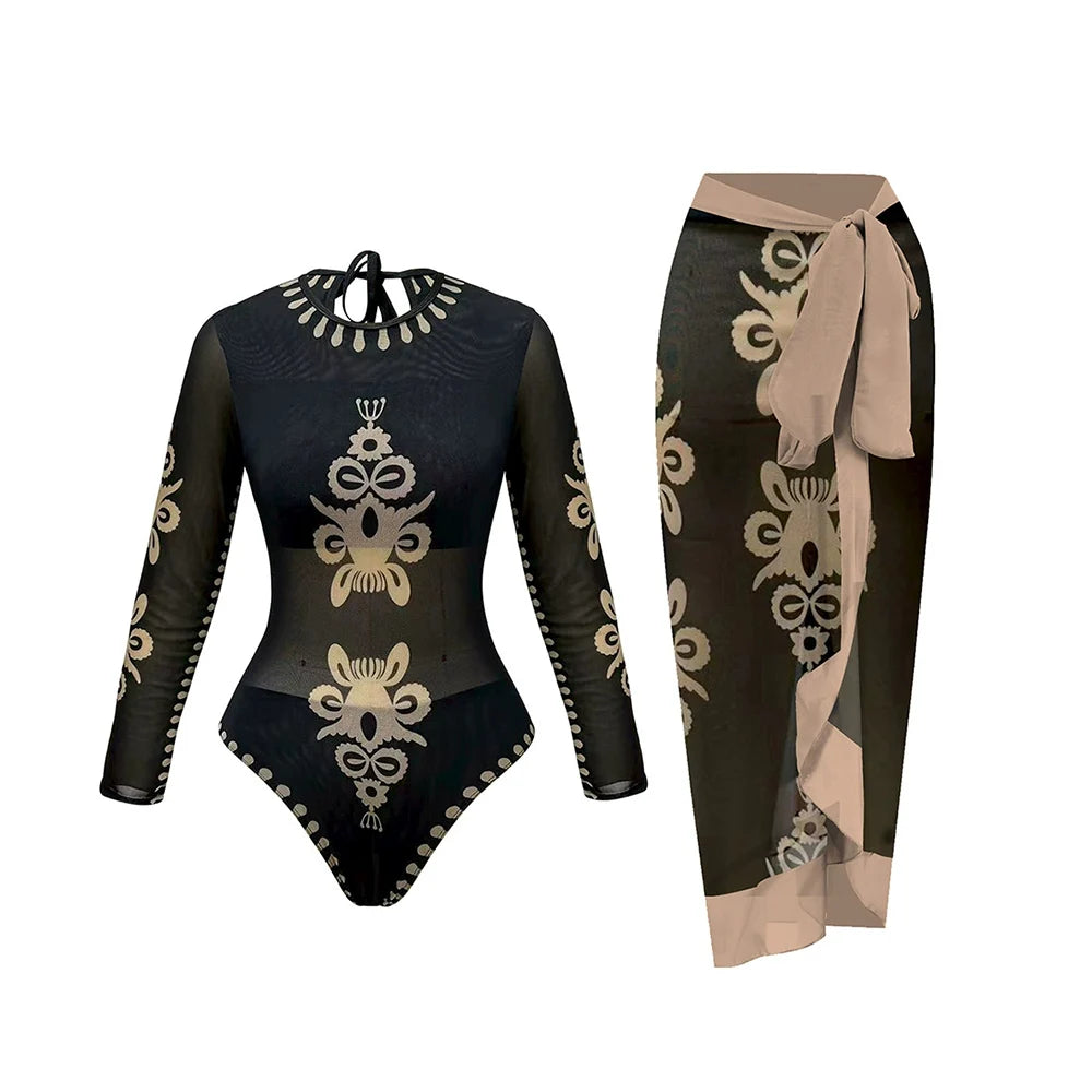 Printed Long Sleeve Swimsuit with Matching Skirt