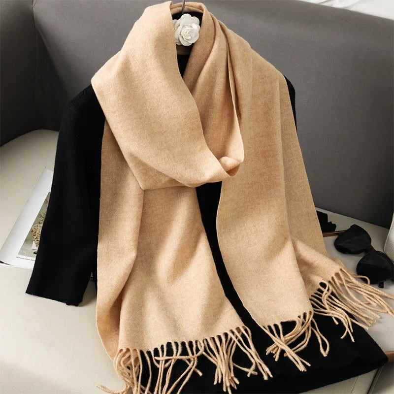 Solid Long Rectangular Scarf with Decorative Fringe Trim