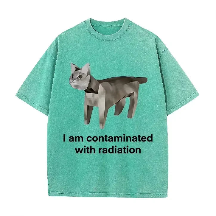 Vintage Washed Green Low Poly Radiation Cat I Am Contaminated Funny Meme Casual T Shirt