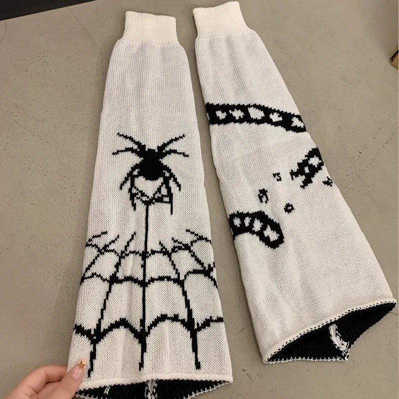 Patterned Knit Leg Warmers with Spiderweb and Heart Designs