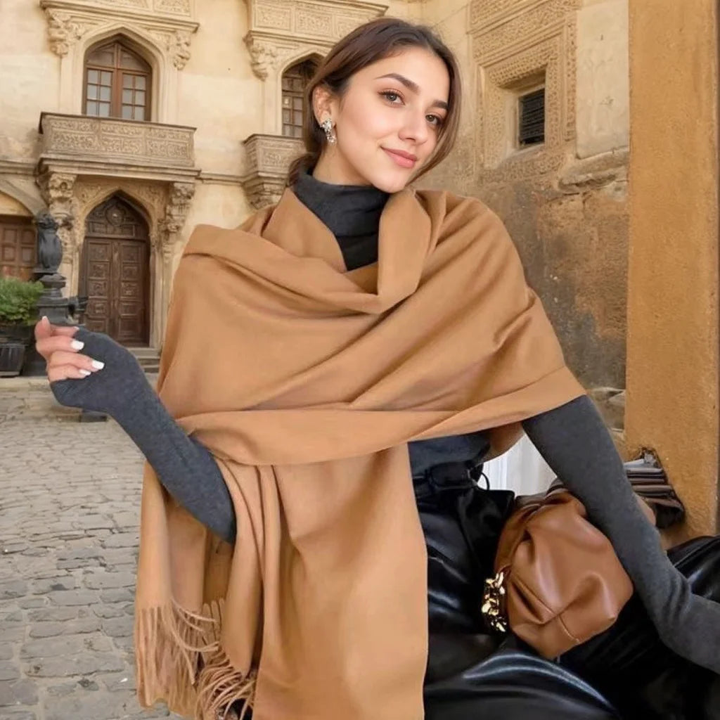 Solid Long Fringed Scarf for Draped Wrap Styling