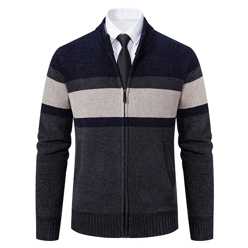 Men's Contrast Stripe Zip Front Knit Cardigan