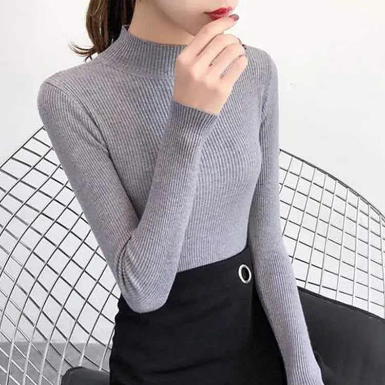 Women's Plain Roll Neck Long Sleeve Sweater Casual Knit Layer