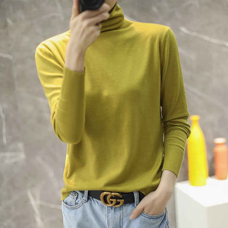 Women's Fitted Roll Neck Long Sleeve Sweater Casual Knit Layer