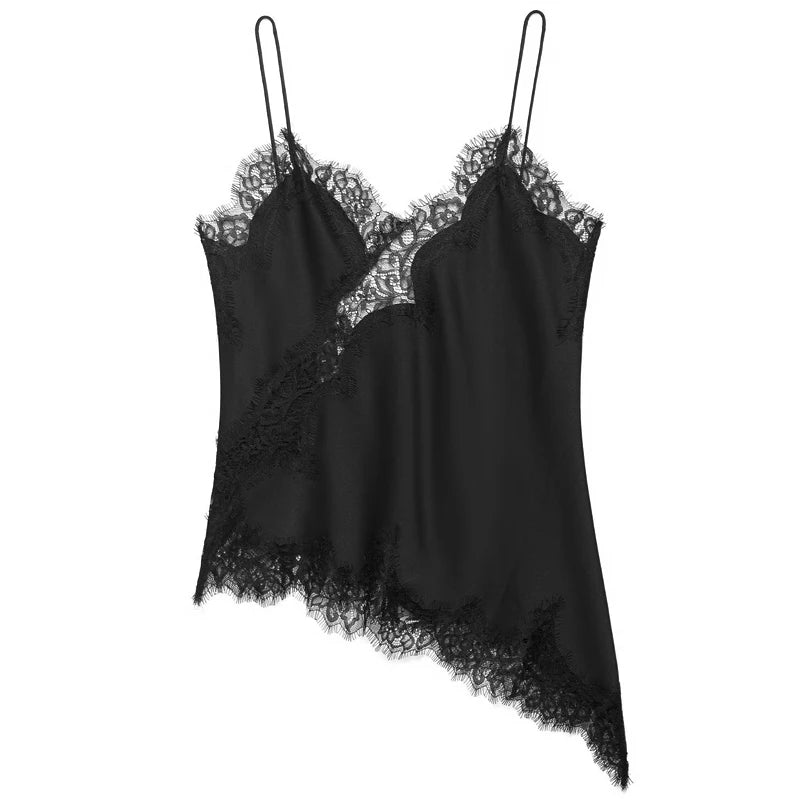 Women's Asymmetric Satin Camisole with Lace Trim and Thin Shoulder Straps