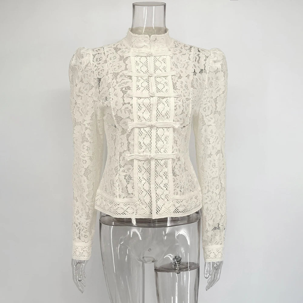 Women's Lace Stand Collar Long Sleeve Button Front Blouse