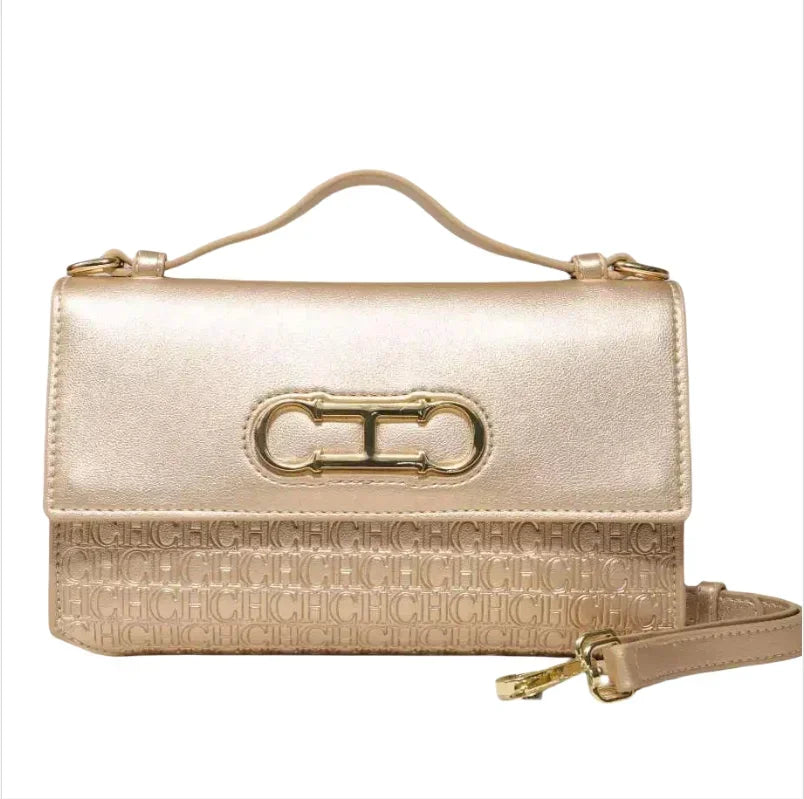 Women's Structured Flap Handbag with Metallic Clasp and Shoulder Strap