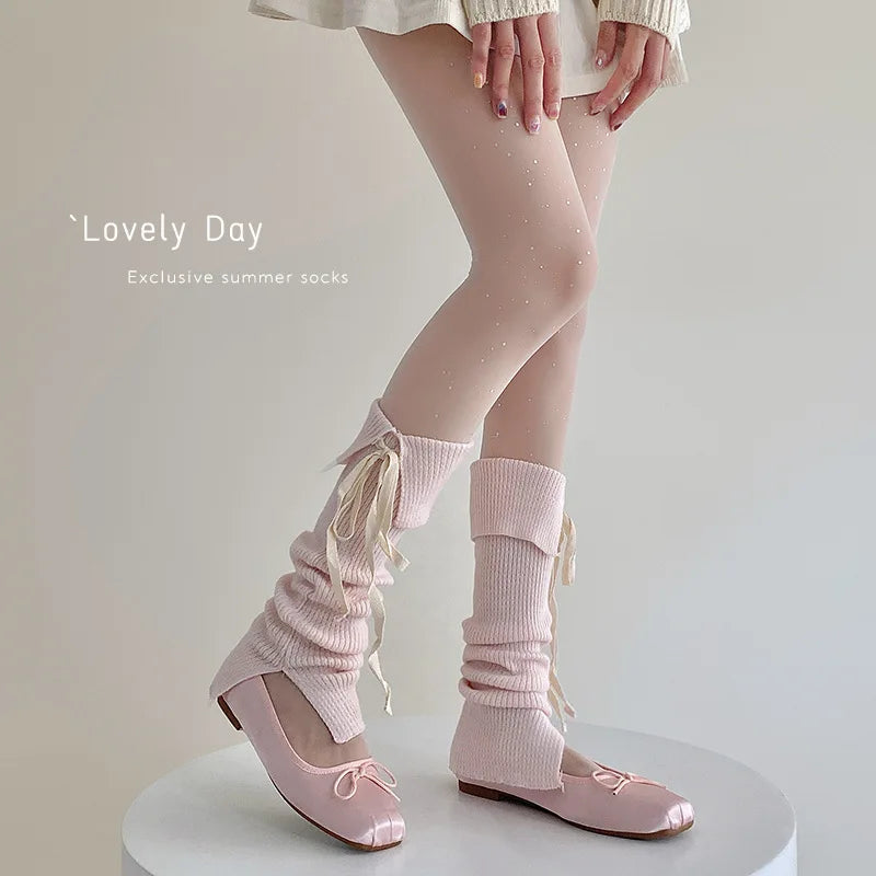 Solid Calf Leg Warmers with Decorative Ribbon Tie Details