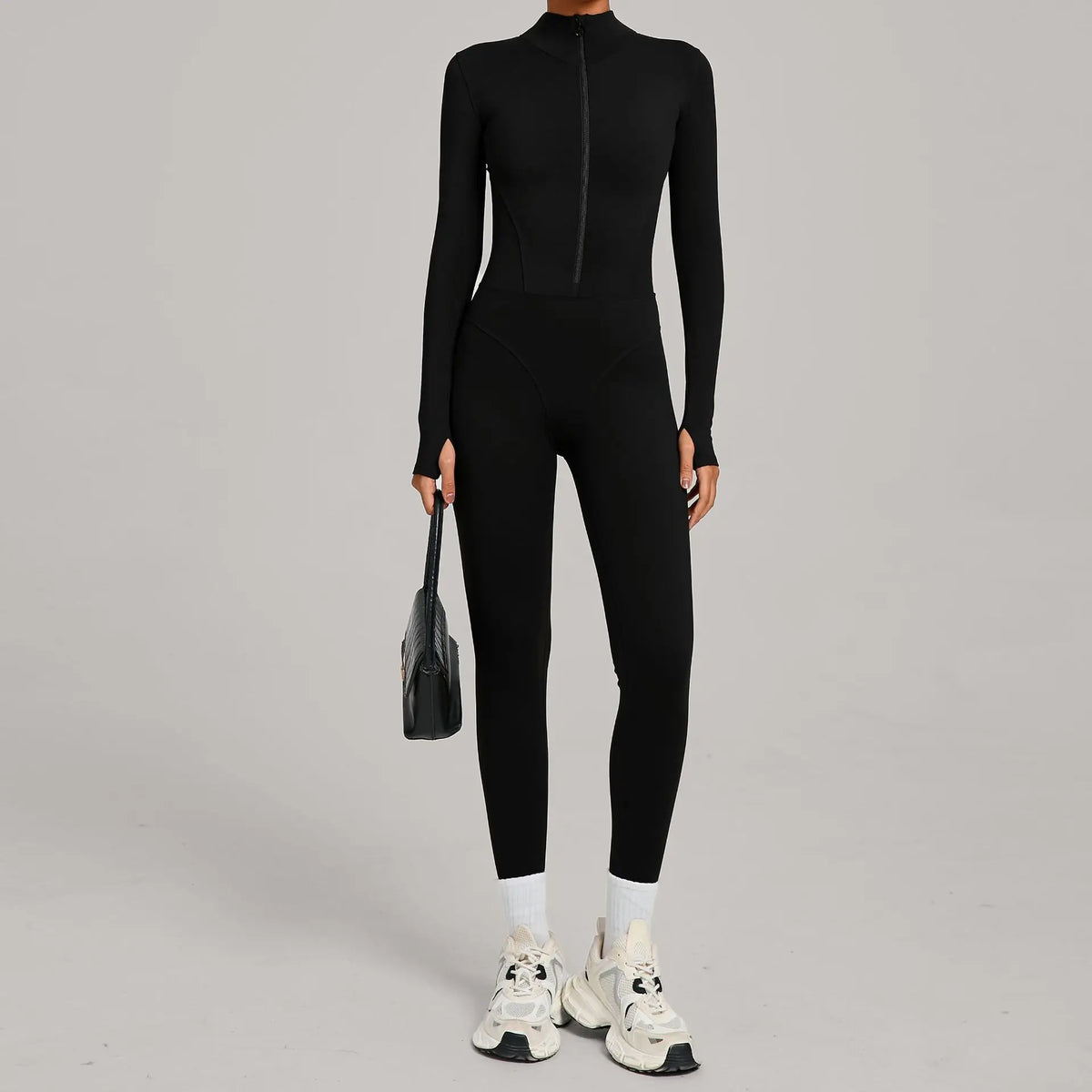 Women's Long Sleeve Nylon Blend Workout Jumpsuit with Stand Collar Zip