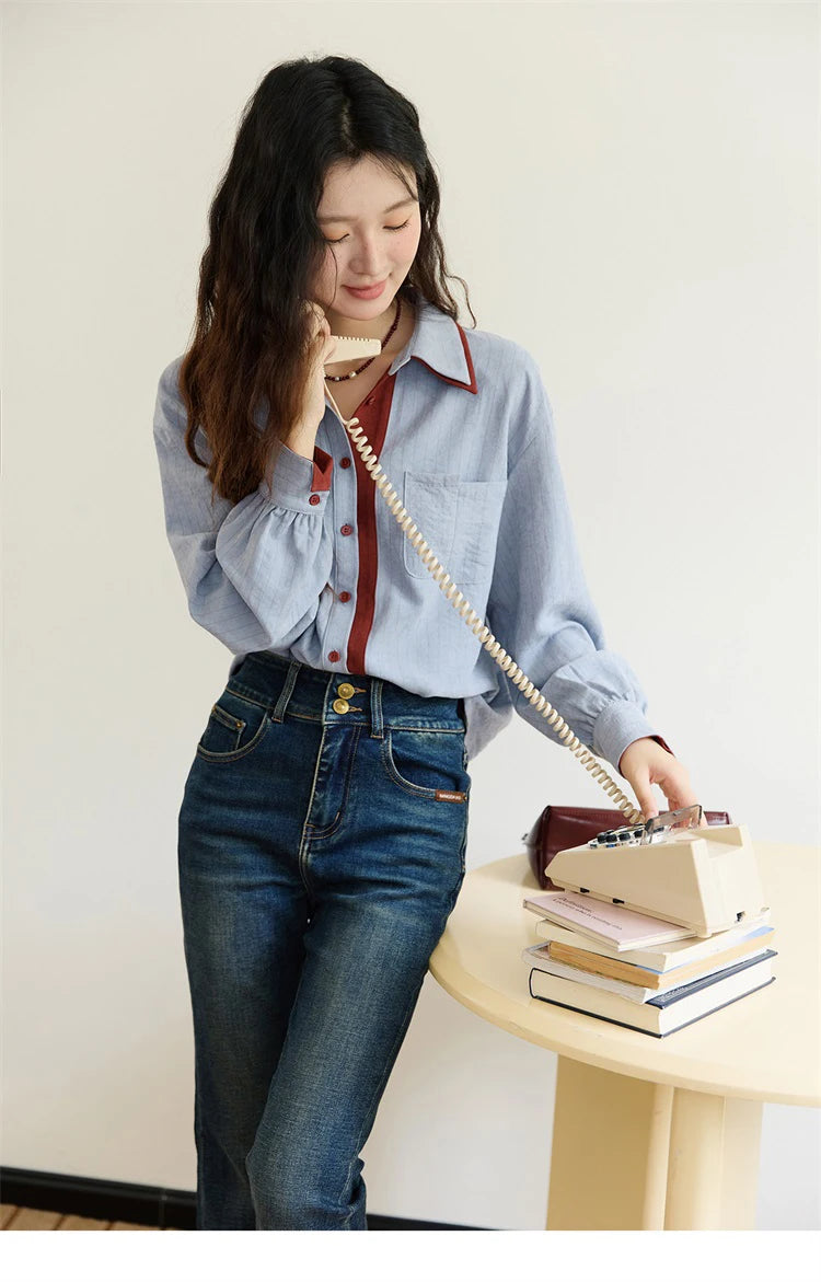 Women's Striped Shirt with Contrast Collar and Buttons