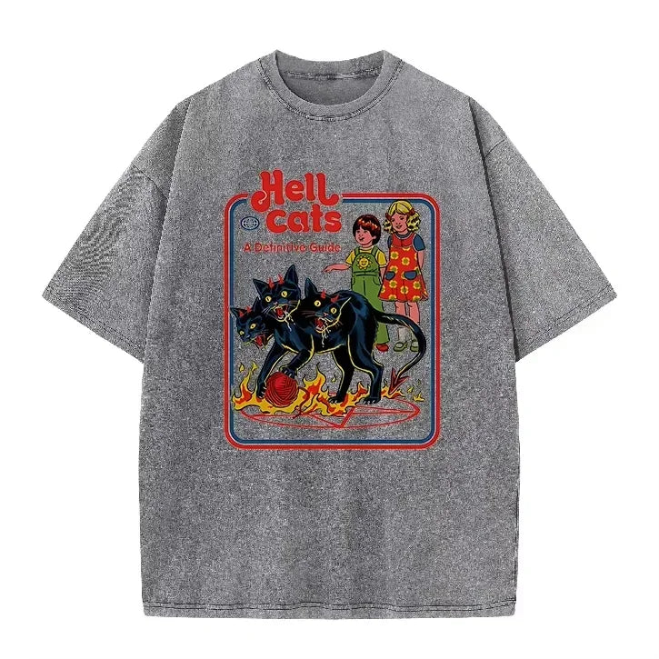 Purple Acid Wash Hell Cats Graphic Casual Retro Streetwear Tee