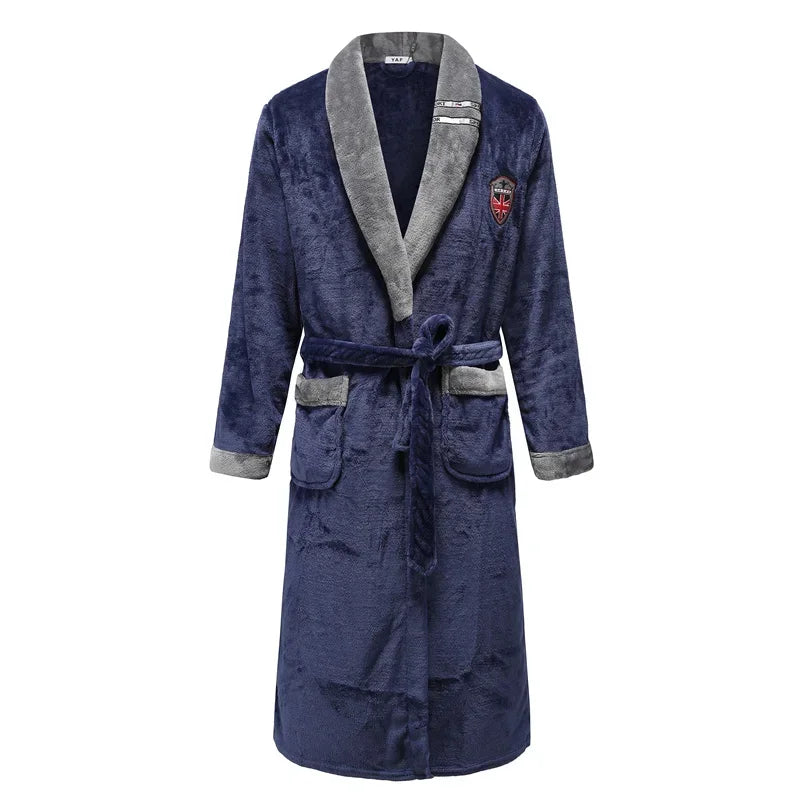Men's Flannel Fleece Lapel Collar Tie Waist Bathrobe