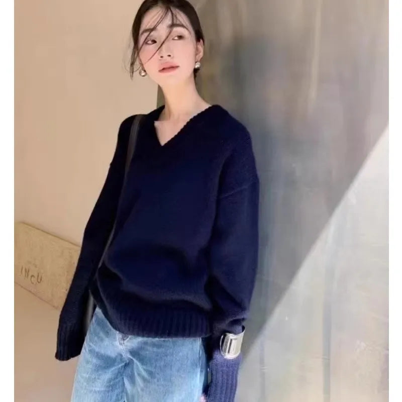 V-neck 100 pure wool sweater for women in autumn and winter, loose and thick sweater, long-sleeved knitted top