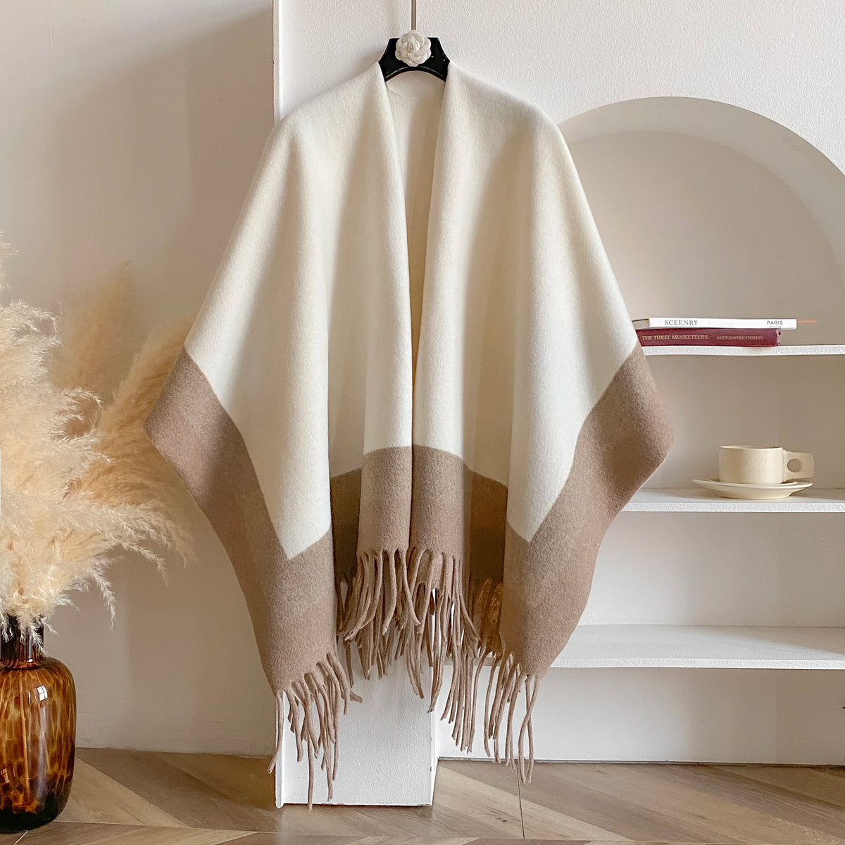Block Stripe Fringe Poncho for Layering over Outfits