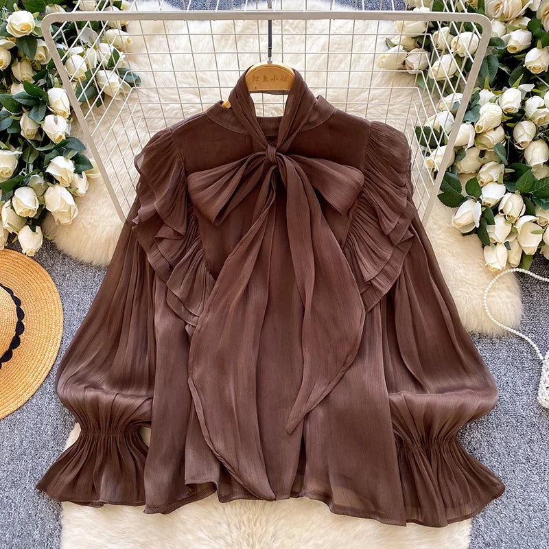 Women's Bow Neck Ruffled Long Sleeve Blouse