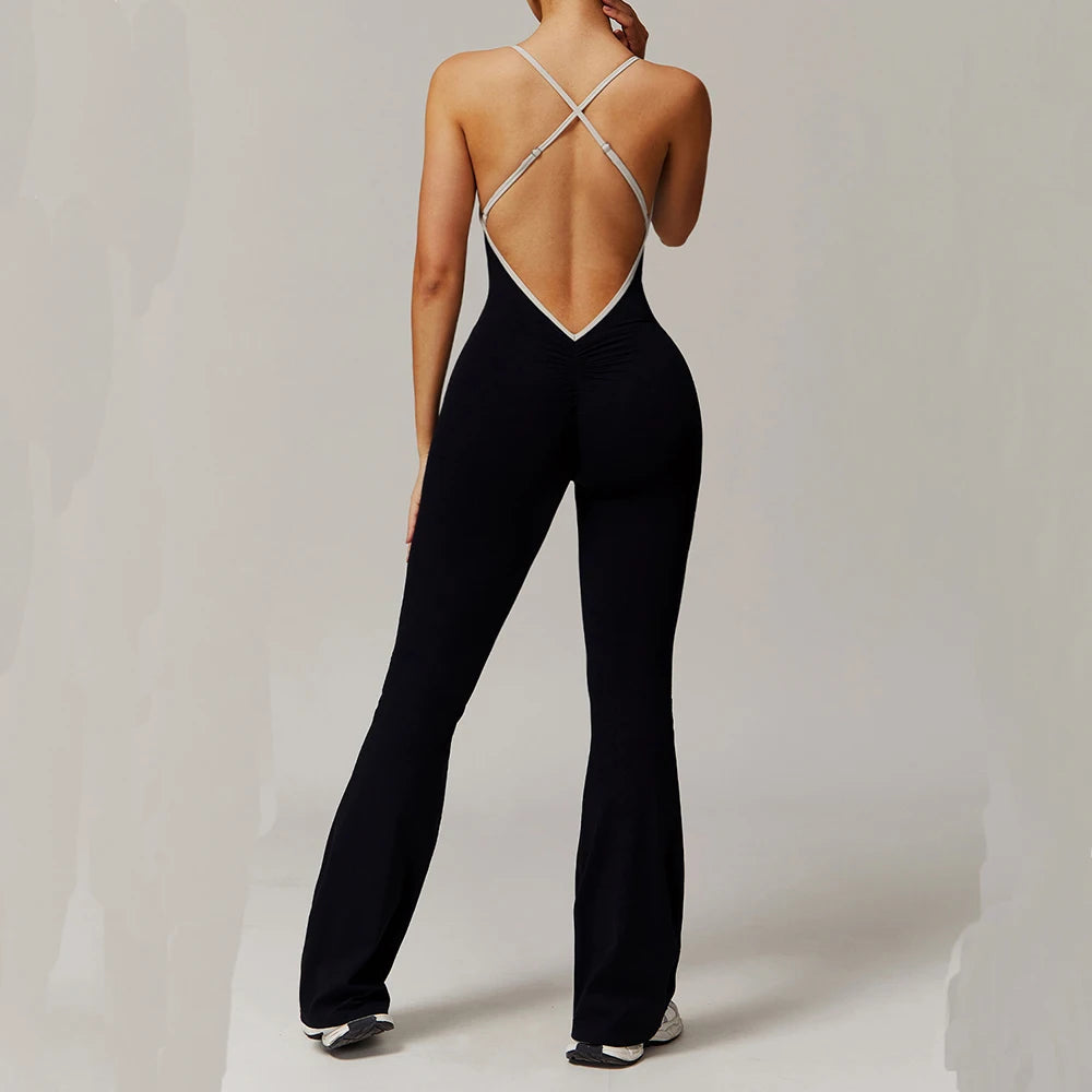 Women's Thin Strap Nylon Blend Flared Workout Jumpsuit with Low Cross Back