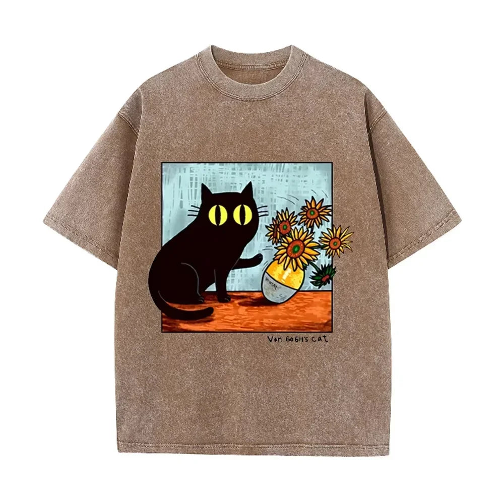 Funny Art Cat  Van Gogh's Cat Print Vintage Washed Blue Casual Graphic T Shirt