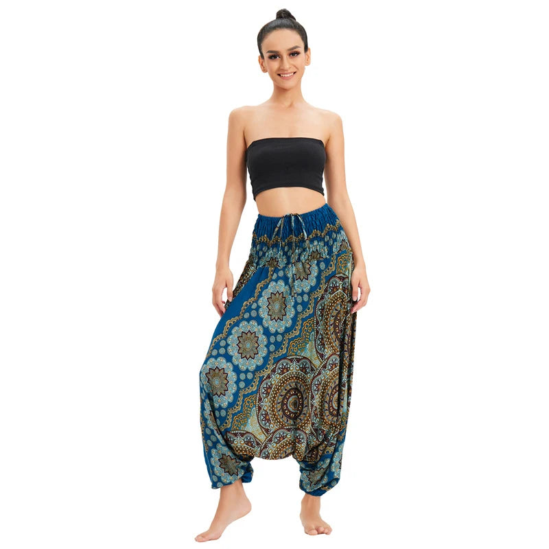 Women's Printed Rayon Harem Pants with Elastic Waist and Convertible Styling