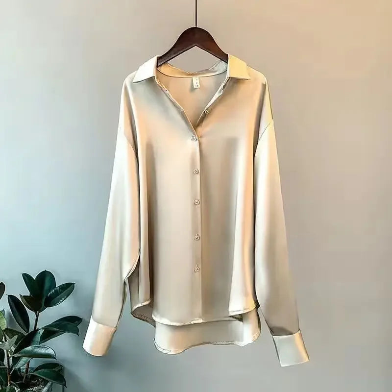 Women's Long Sleeve Button Front Satin Look Shirt