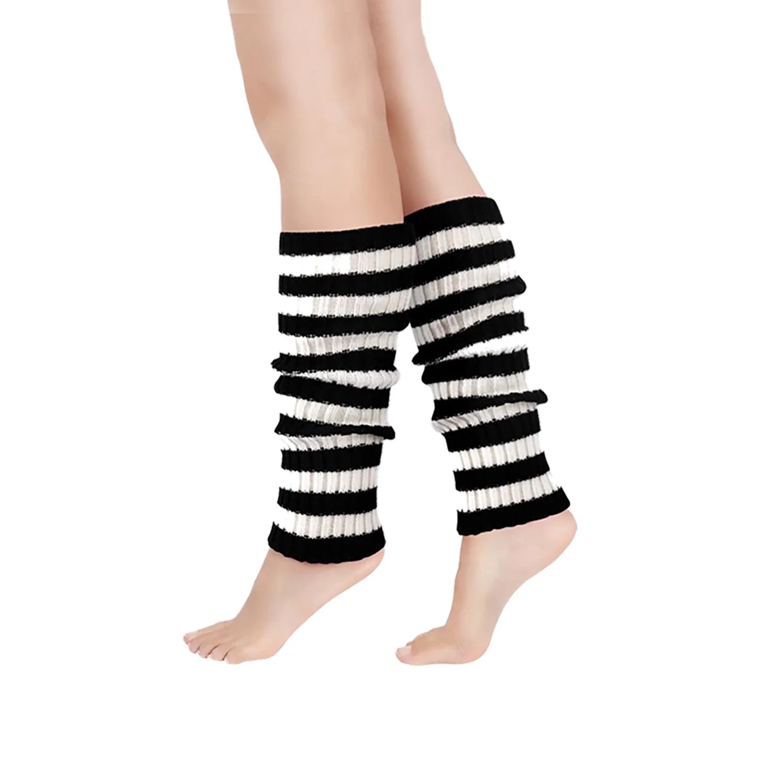 Striped Ribbed Knit Leg Warmers with Slouchy Calf Shape