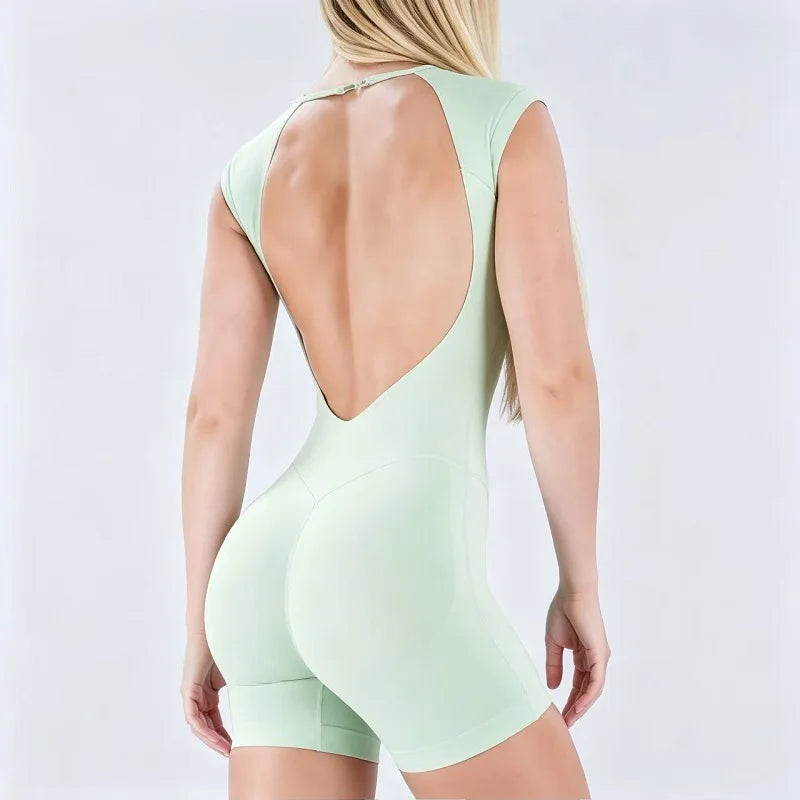Women's Short Sleeve Nylon Blend Workout Romper with Open Back