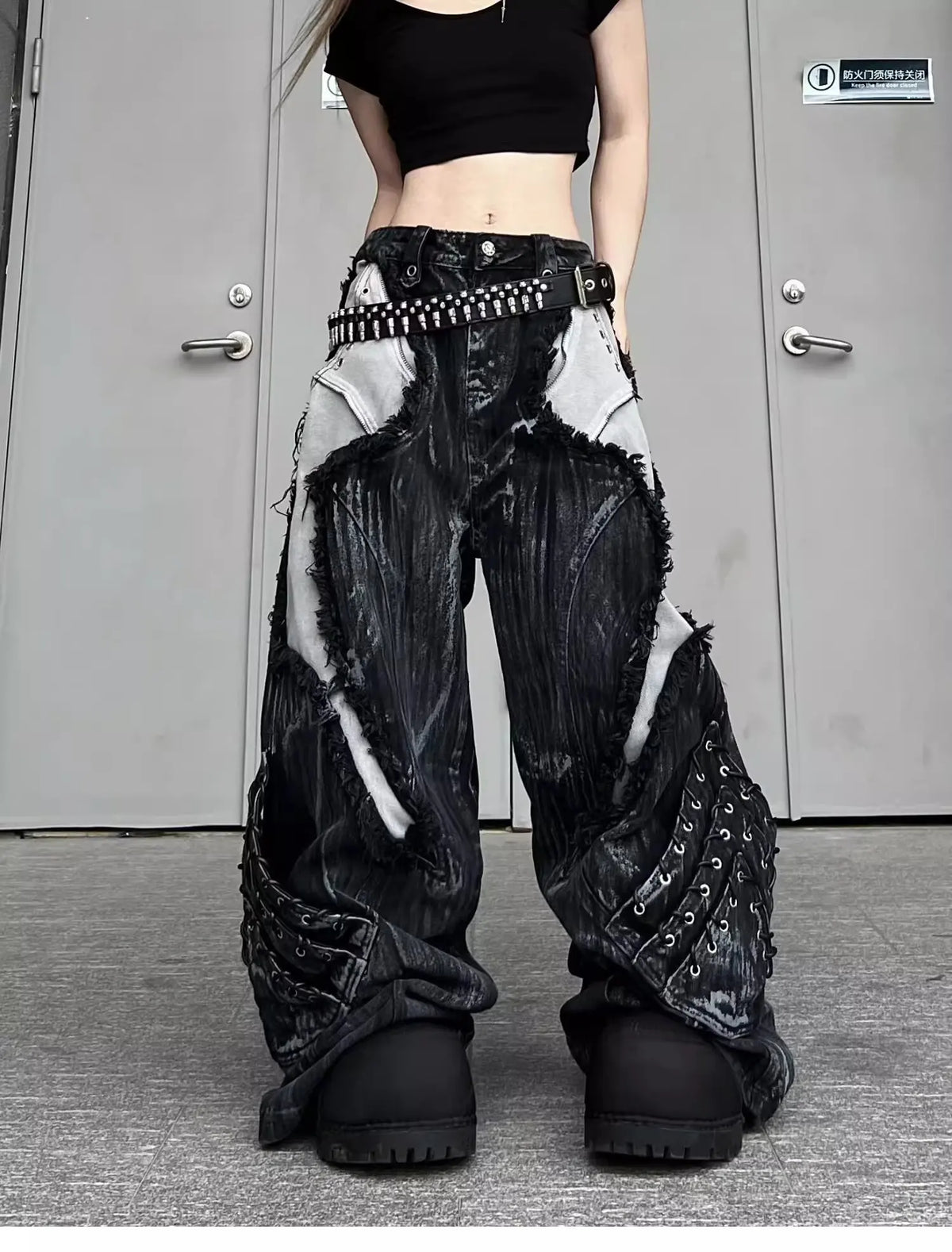 Women's Wide Leg Jeans with Distressed Patchwork and Washed Finish