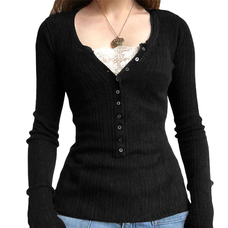 Women's Square Neck Lace Knit Sweater Casual Knit Layer
