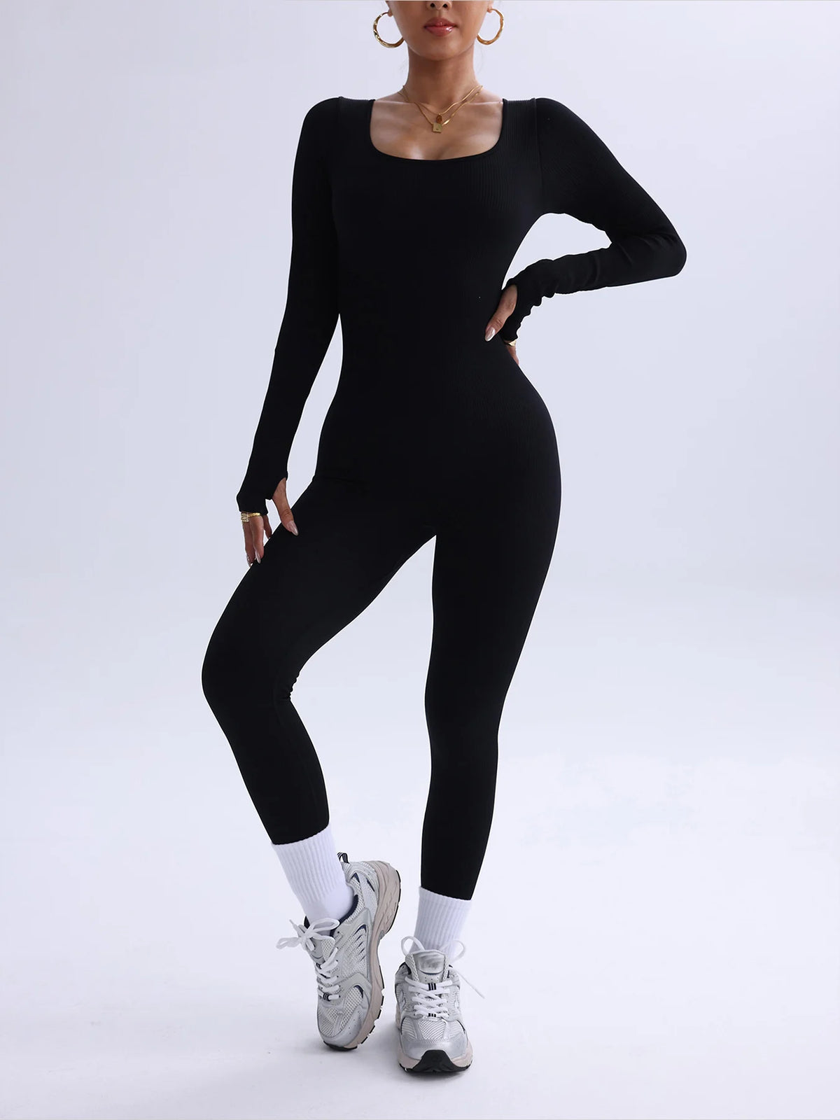 Women's Long Sleeve Ribbed Nylon Blend Workout Jumpsuit with Scoop Neck