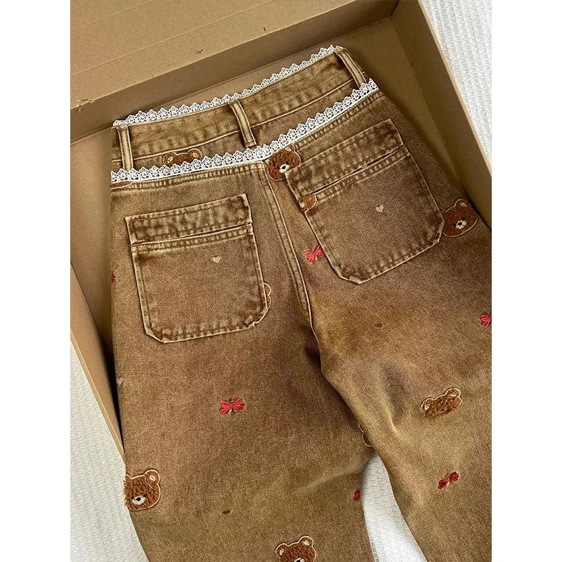 Women's Teddy Embroidered Brown Denim Denim Jeans For Everyday Outfits