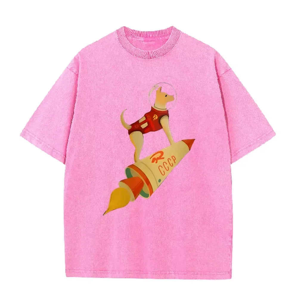 Vintage Washed Gray Tshirt CCCP Laika Space Dog Rocket Cartoon Print Loose Short Sleeve Retro Soviet Casual Tee