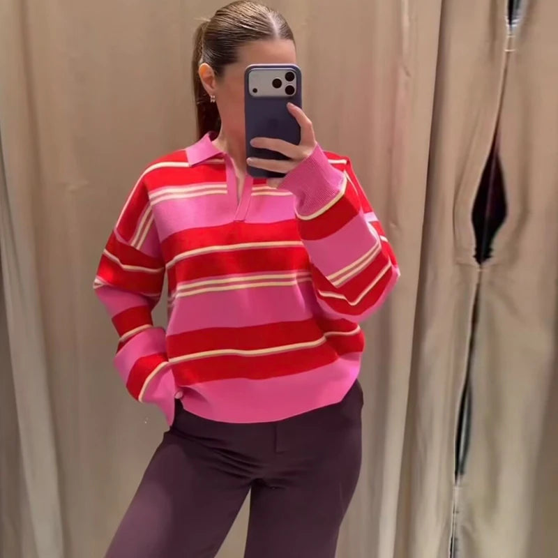 Women's Striped Polo Collar Loose Fit Sweater Casual Knit Layer