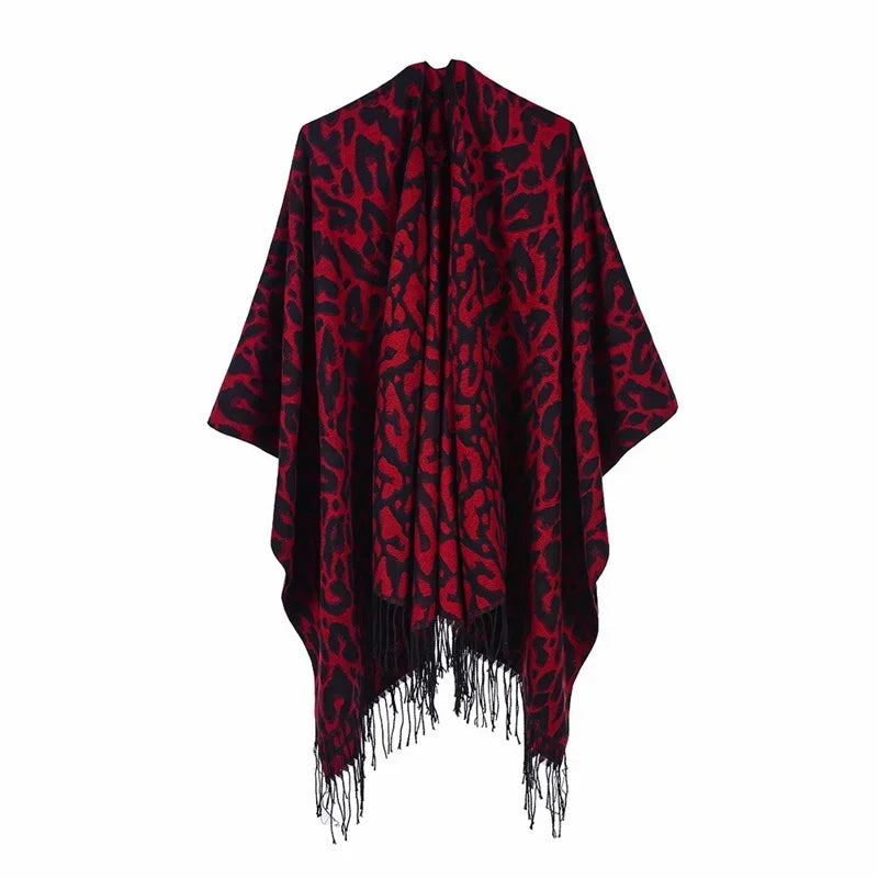 Patterned Fringed Open Front Poncho for Layering over Outfits