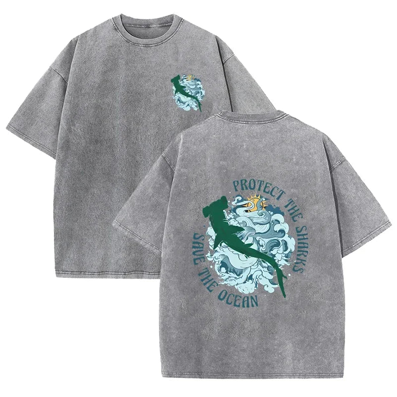 Distressed Vintage Washed Tee Double Print Shark Wave Protect Ocean Letter Loose Fit Short Sleeve T Shirts