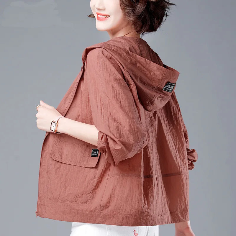 Hooded Short Sleeve Full Zip Casual Top for Layering