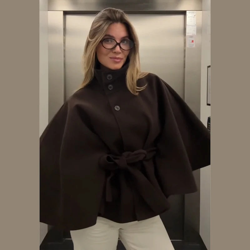 Belted Button Stand Collar Cape for Layering over Outfits