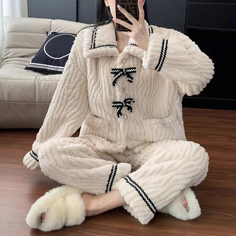 Women's Bow Fastened Long Sleeve Pajama Set with Top and Pants
